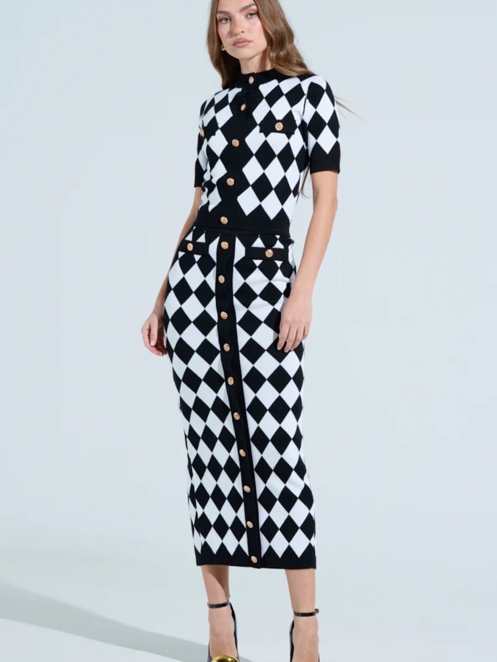 Black and White Argyle Knit Button-Front TOP ONLY